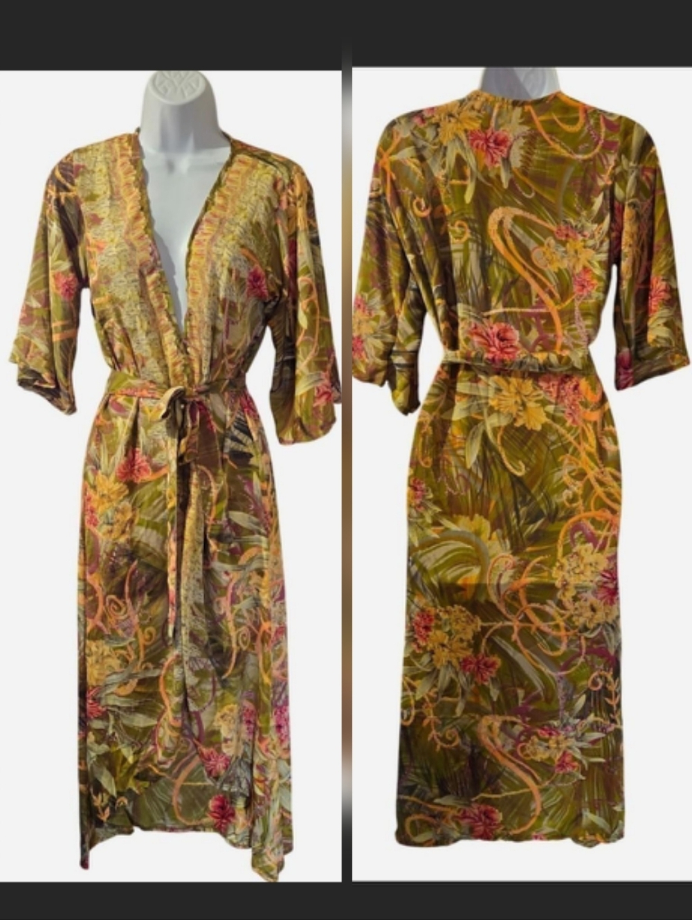 Baizaar Silk Duster Robe 100% Silk Yellow Floral NEW